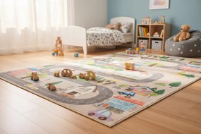 Beżowo-kolorowy dywan z miasteczkiem dla dzieci N6-T05