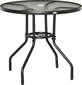 Outsunny Stół Ogrodowy z Otworem na Parasol Czarny Szkło Hartowane i Metal Stolik Bistro Balkonowy Ø80x72cm | Aosom PL