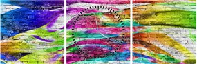 Obraz - Mur z cegły z kolorowymi płomieniami (z zegarem) (90x30 cm)
