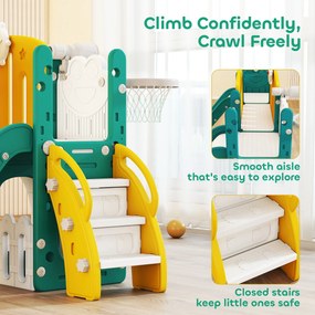 AIYAPLAY 9-w-1 zestaw zjeżdżalni i huśtawki dla maluchów z koszem do koszykówki, teleskopem, tablicą do rysowania, designem żabki, Żółty+Zielony
