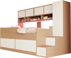 Łóżko dziecięce drewniane - 90 x 200 cm - z pojemnikiem + półki + szafa + oświetlenie LED + barierka ochronna - naturalne