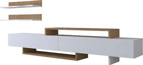 Skandynawska szafka pod telewizor – 180 cm – Biały i tekowy – Płyta wiórowa