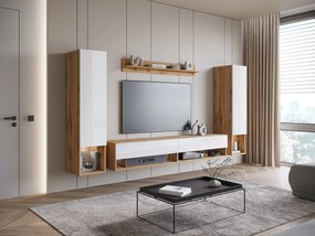 Nowoczesna meblościanka z LED – zestaw wiszący do salonu 2 słupki + szafka RTV 180 cm + półka, korpus dąb wotan, fronty biały połysk