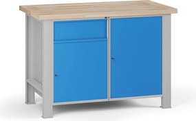 Stół warsztatowy G7, blat bukowy, 1200 x 685 x 840 mm, 2x szafka, 1x szuflada, niebieski