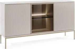 Komoda do salonu Shark 154 cm ryflowana nowoczesna LED szklane drzwi push-to-open metalowy stelaż minimalistyczna
