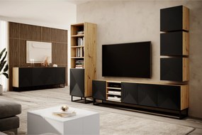 Szafka RTV Asha 200 cm ryflowana z wnęką i metalowym stelażem - artisan / czarny mat