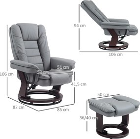 HOMCOM Fotel relaksacyjny z podnóżkiem, obrotowy, z regulowaną oparciem, w wyglądzie skóry, do 130 kg, Szary