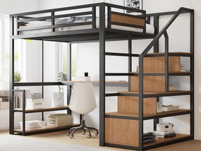 Łóżko mezzanine metalowe 140x200 cm - z drabiną do przechowywania i biurkiem - Czarne