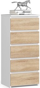 Komoda AKORD CL5 Biała 40 cm 5 szuflad fronty kolor Dąb Sonoma mat 40x35x92 cm