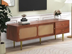 Meble TV 160 cm - 2 drzwi przesuwne z rattanu i 2 szuflady - Brązowy