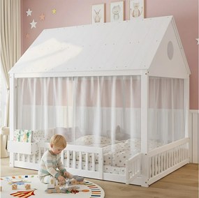 Łóżko pojedyncze dla dzieci - 140 x 200 cm - z baldachimem + zasłony dekoracyjne + mały schowek - sosna + MDF - białe