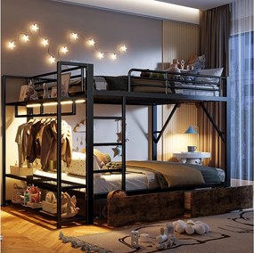 Łóżko piętrowe dla dzieci - 2 x 140 x 200 cm - rama żeliwna - z 2 szufladami + półki + diody LED - metalowe - czarne