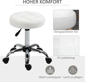 HOMCOM Stołek obrotowy, Stołek salonowy, regulowany, sztuczna skóra, pikowany wzór, Ø35,5 x 48-63 cm, Biały/Srebrny