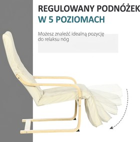 HOMCOM Leżak z Poduszką, Regulowany Podnóżek w 5 Pozycjach, Drewno Brzozowe, do 120 kg, 66,5 x 94 x 100 cm, Kremowy | Aosom PL