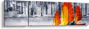 Obraz - Victoria Harbor, Hongkong, czarno-biały obraz olejny (170x50 cm)