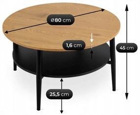 Stolik Kawowy Okrągły PAULO MAX 80 cm Dąb/Czarny Nowoczesny Loft