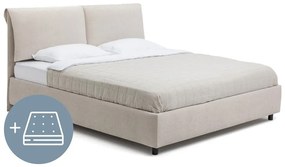 Beżowe tapicerowane łóżko dwuosobowe ze schowkiem z materacem i stelażem 160x200 cm Myra Pillow – Bonami Selection
