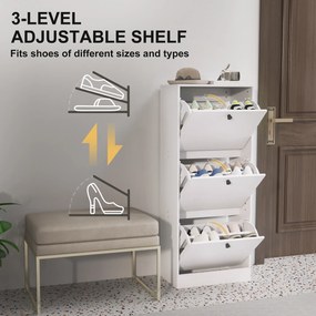 Szafka na Buty HOMCOM, Regał, 3 Klapki, Regulowana, Płyta Pilśniowa, Biały