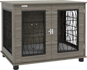 PawHut Klatka dla psów z miękką poduszką, do 20kg/50cm długości ciała, Metal, 80x56x63cm, Szary/Dekor drewna