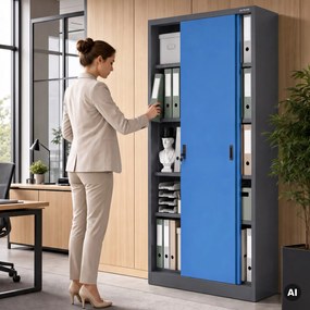 Szafa metalowa biurowa z drzwiami przesuwnymi antracytowo-niebieska, 900x1850x400 mm: KUBA