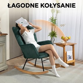 HOMCOM Fotel bujany, Płózki z drewna bukowego, Grube tapicerowanie, Ciemnozielony, do 120 kg