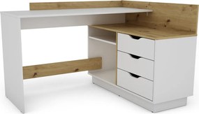 Biurko narożne z kontenerkiem Filo 2, kolor biały mat/dąb artisan, 129 cm