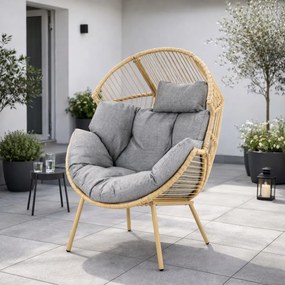 Fotel ogrodowy kokon Zafira technorattan, boho, szara poduszka