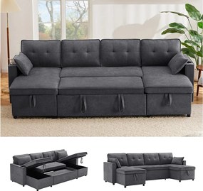 Sofa rozkładana w kształcie litery U - 270 x 130 x 86 cm - 4 miejsca - z uchwytem na kubek + schowkiem - bawełna + len - szara