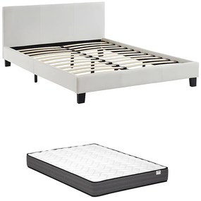 Łóżko 140 x 190 cm - Ekoskóra - Biały + Materac - CORNELIUS II