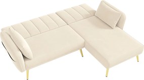 Beżowa sofa narożna - Sofa 3-osobowa z 3-stopniowo regulowanym oparciem i bocznymi kieszeniami - aksamit