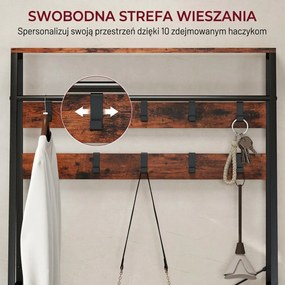 HOMCOM Garderoba z półką na buty, stojak na płaszcze z siedziskiem, 10 haczyków, 2 materiałowe szuflady, drążek, płyta wiórowa, metal, brązowy