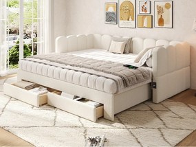Tapicerowana sofa z łóżkiem 90x190cm - z Wysuwane łóżko - z 2 szufladami i portem USB - tkanina lniana - Beżowy​ (materac nie jest wliczony)