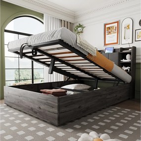 Łóżko dziecięce z pojemnikiem - 140 x 200 cm - zagłówek ze schowkiem - z USB + Type-C - MDF - szare