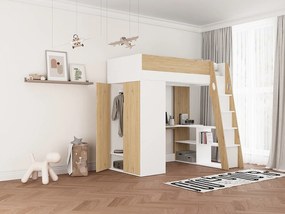 Łóżko antresola 90 x 190 cm z szafą i biurkiem – Kolor: Naturalny i biały + Materac - ARMONESA