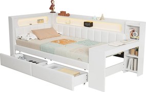 Sofa dziecięca rozkładana - 90 x 200 cm - z diodami LED + USB + biurko + 2 szuflady - płyta MDF + len - biała