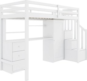 Łóżko mezzanine 90x200cm z drewna - z biurkiem, szafą i schodami do przechowywania - Białe