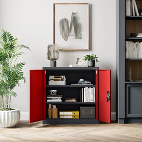 Szafka z pólkami zamykana, warsztatowa BEATA, 900 x 930 x 400 mm, antracytowo-czerwona