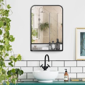 HOMCOM lustro ścienne z półką czarne metalowe zaokrąglone krawędzie stylowe lustro do łazienki 70x50 | Aosom PL