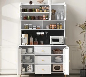 Nowoczesny kredens kuchenny 140x40x190cm - z otwartymi półkami - z 3 szufladami i 5 drzwiami - Biały