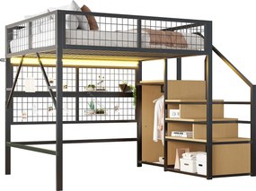 Łóżko piętrowe metalowe dla dzieci - 140 x 200 cm - z szafą + oświetlenie LED + schowek w schodach - MDF + Metal - czarne