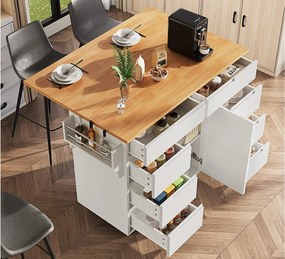 Mobilna wyspa kuchenna - Blat wysuwany - 8 szuflad i 1 drzwi - Z półką na przyprawy - MDF - Biały