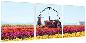 Obraz farmy tulipanów (z zegarem) (90x30 cm)