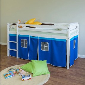 Łóżko piętrowe 207x97x110 cm niebieskie łóżko dziecięce drabina lite drewno sosnowe zasłona