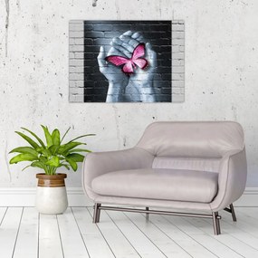 Obraz na szkle - Różowy motyl w ścianie (70x50 cm)