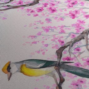 Obraz - ptak na drzewie z różowymi kwiatami (70x50 cm)