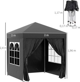 Outsunny Pawilon Składany z 4 Ścianami Bocznymi i 2 Oknami Metal Czarny 2x2m | Aosom PL