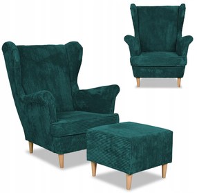 Fotel uszak z podnóżkiem Bonito sztruks zielony - DOSTĘPNY OD RĘKI