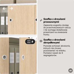 Regał na segregatory z szafką zamykaną, biurowy, otwarte półki, metalowy biały/dąb sonoma, 800x2200x400 mm: ARIEL Eco Design