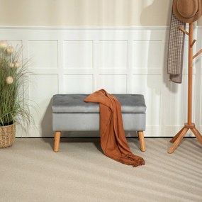 HOMCOM Tapicerowana ławka z miejscem do przechowywania, pokrycie z aksamitu, nogi z drewna, do salonu, sypialni, przedpokoju, 80 x 35 x 40 cm, Szary