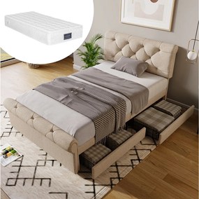 Łóżko dziecięce 90 x 200 cm - z 2 szufladami, stelażem z listew - naturalny len - materac wliczony w cenę